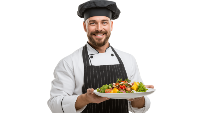 A chef is holding a plate of food and smiling