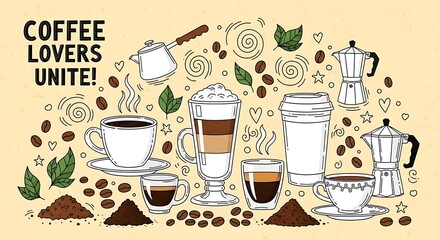coffee lovers united, coffee shop, coffee icons, coffee illustration, coffee motif, coffee pattern, coffee vector, coffee graphic, coffee elements, coffee theme, coffee design, coffee art, coffee deco