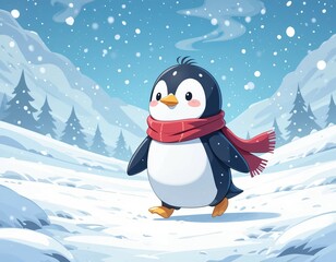 Cute cartoon penguin wearing a red scarf walks happily through a snowy winter landscape.