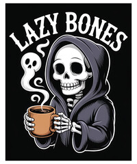 Skeleton grim reaper in a hoodie holding a coffee mug with a ghost