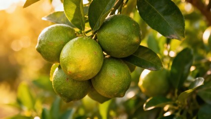A cluster of vibrant green limes hangs from a branch, bathed in the warm glow of sunlight.