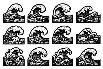 Fototapeta premium Retro wave art collection: hand drawn ocean patterns in vintage style