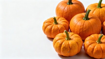 Group of small, vibrant orange pumpkins against a simple white background, highlighting their textured surfaces and stems.