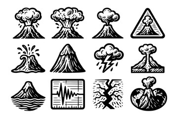 Volcano eruption icons set with seismic and weather elements in black and white