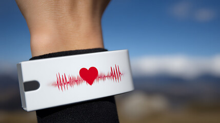 Wearable health device with heart rate monitor displayed on a wristband against an outdoor background