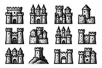 Medieval castle collection with vintage hand-drawn design for historical architecture