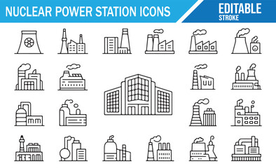 Nuclear Power Station Icons in Linear Style for Energy Projects