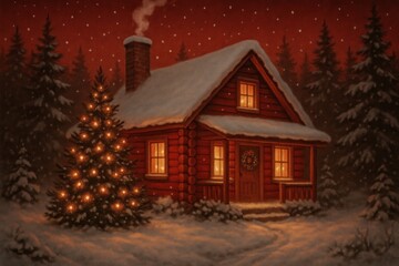 Cozy cabin snowy night