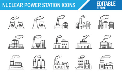 Obraz premium Set of Nuclear Power Station Icons in Minimalist Style, Editable Stroke, Energy and Industrial Design