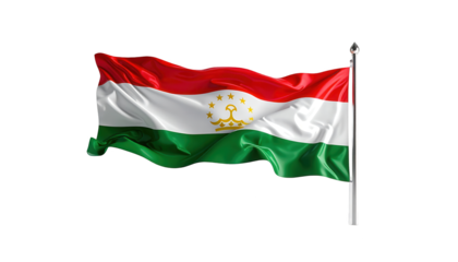The flag of Tajikistan, rendered in vibrant colors, displays a dynamic drape against a stark black backdrop.