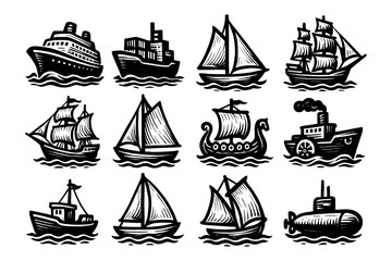 Nautical woodcut collection: ships, boats, and submarine on waves