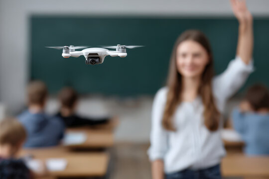 classroom filled with enthusiastic students as drone captures lesson and creates autonotes