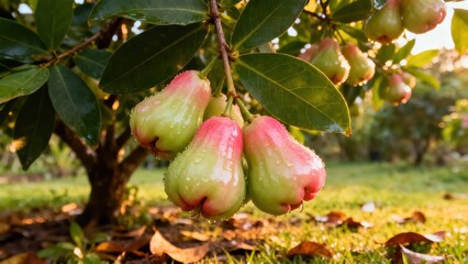 Fresh, vibrant rose apples dangle from a lush tree in a sunny orchard.