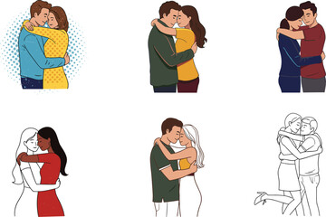 Couples hugging illustration, romantic embrace, love gesture, emotional bonding, relationship moment, vector artwork, affectionate pose