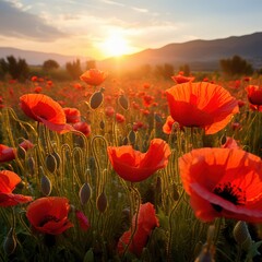 Vibrant red poppies bloom under golden sunrise glow flowers field