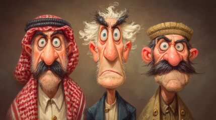 Three caricatured men in traditional Arabian dress with exaggerated features create a humorous scene