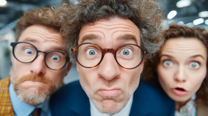 Three surprised colleagues in office look at camera in a funny business team portrait