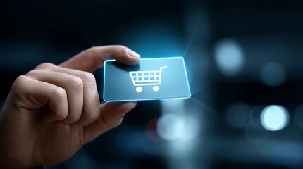 Hand card shopping online digital technology payment e commerce futuristic glowing hand holding black card with shopping cart icon, symbolizing digital payment, modern commerce, and technology - Powered by Adobe