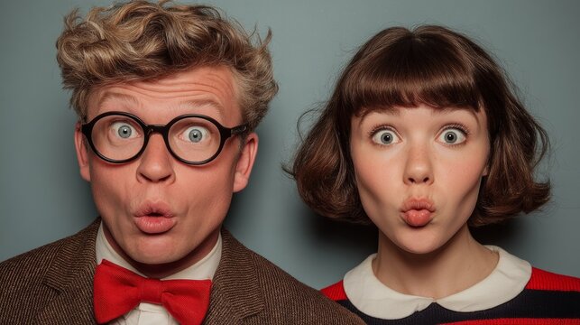 Two stylish friends make playful surprised faces in a vintage studio portrait with bow tie and red accents - Powered by Adobe