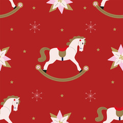 Rocking horses, stars and snowflakes seamless pattern on red background. Christmas holiday and winter celebration wallpaper.