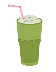 Matcha Latte in Green Glass with Pink Straw. Vector illustration.