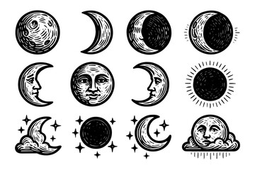 Hand drawn moon phases and celestial elements with cosmic faces
