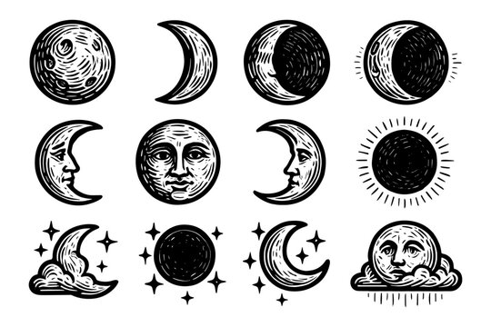 Hand drawn moon phases and celestial elements with cosmic faces