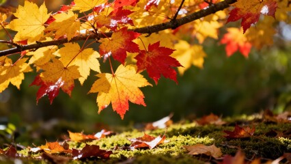 Vibrant autumn leaves, displaying a mix of fiery red and golden yellow hues, cascade from a branch, illuminated by sunlight, resting on a bed of moss and fallen leaves.