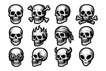 Collection of hand-drawn skull variations in black and white