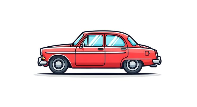 Red classic sedan car cartoon illustration in side view, featuring retro design, chrome details, and white background, representing vintage automobile, nostalgia, and collectible automotive history.

