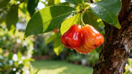 Fresh, vibrant rose apples hang from a lush garden tree, glistening with morning dew.