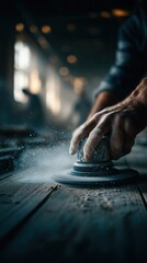 Craftsman perfects wood surface using handy camera slow motion technique amidst a dusty workshop setting