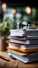 Capturing the essence of a busy workspace with paperwork, glasses, and greenery in slow motion