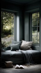 Cozy nook captures peaceful nature moments in slow motion with soft lighting and tranquil views of greenery