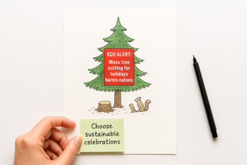Eco Poster With Christmas Tree Drawing And Sustainability Message On White Paper. Concept of Green Holidays, Eco Friendly Celebrations, Modern Environmental Awareness, Conscious Lifestyle Trends, And 