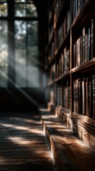 Dancing light within a serene library creating enchanting shadows on the wooden shelves filled with timeless books