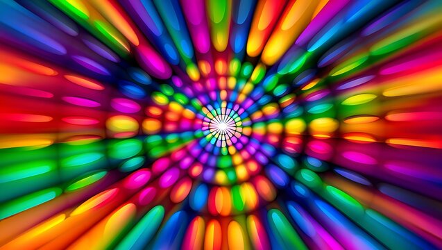 Vibrant psychedelic radial burst of rainbow colors creating a mesmerizing kaleidoscopic effect with a bright white center and energetic motion blur - Powered by Adobe