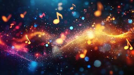 Energetic music background with glowing notes and particles in a dark space