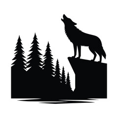 Wolf howling at crescent moon on cliff edge vector silhouette outline logo design concept illustration
