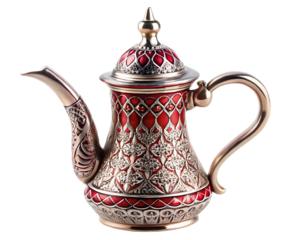 Ornate Silver and Red Dallah Coffee Pot with Arabic Calligraphy arabic coffee pot isolated on a transparent background