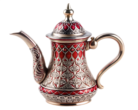 Ornate Silver and Red Dallah Coffee Pot with Arabic Calligraphy arabic coffee pot isolated on a transparent background