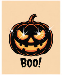 Spooky halloween pumpkin with glowing eyes and the word boo