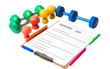 Fitness goals checklist on clipboard with marked items symbolizing discipline motivation health planning and lifestyle commitment isolated on transparent background PNG