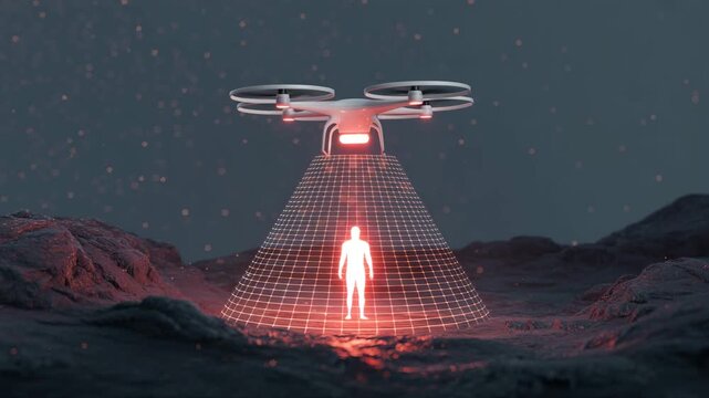 Drone Surveillance in action: The illustration depicts a drone in mid-flight, employing advanced sensors to scan a human form.