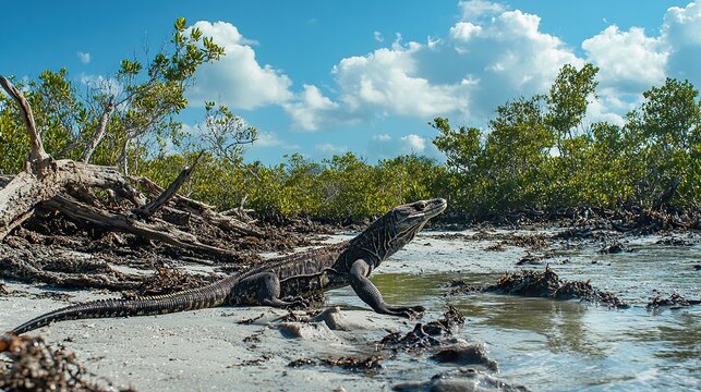 Mangrove monitor lizards hunting among tidal debris in warming coastal estuaries under clear skies and bright sunlight 