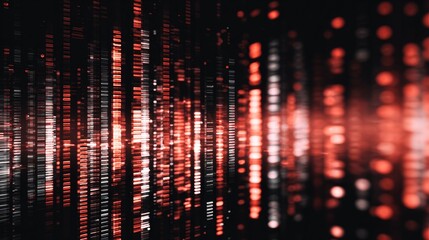Red and white abstract data stream matrix background with computer code visualization, incorporating depth of field to enhance the technology concept. This digital artwork symbolizes data flow and