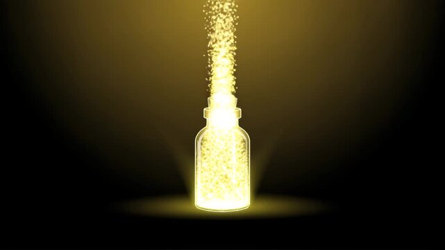 Enchanted Elixir: A mesmerizing bottle of ethereal, glowing particles radiates light against a dark backdrop, creating a magical atmosphere of mystery and wonder. 