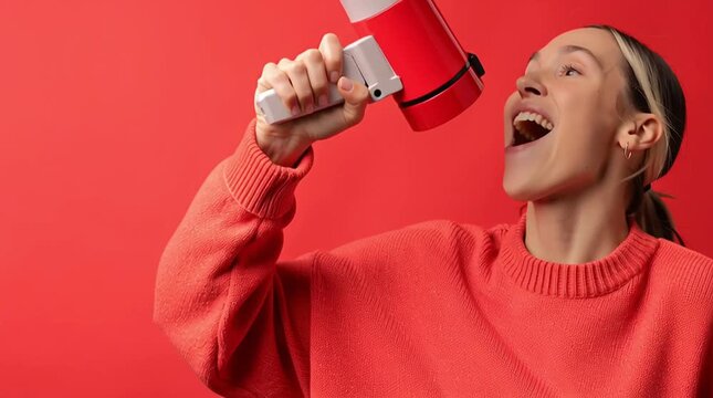 Woman in red sweater with megaphone shouting communication excitement announcement expression, female confidently speaking message alert, vibrant background conveying assertive announcement