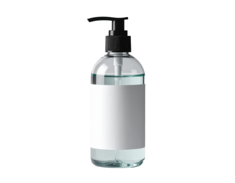 Transparent plastic bottle with a blank white label, displaying a clear liquid, and a black pump dispenser against a black background.