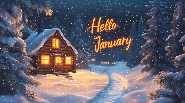 Cozy winter cabin scene with snowy landscape and illuminated hello january greeting